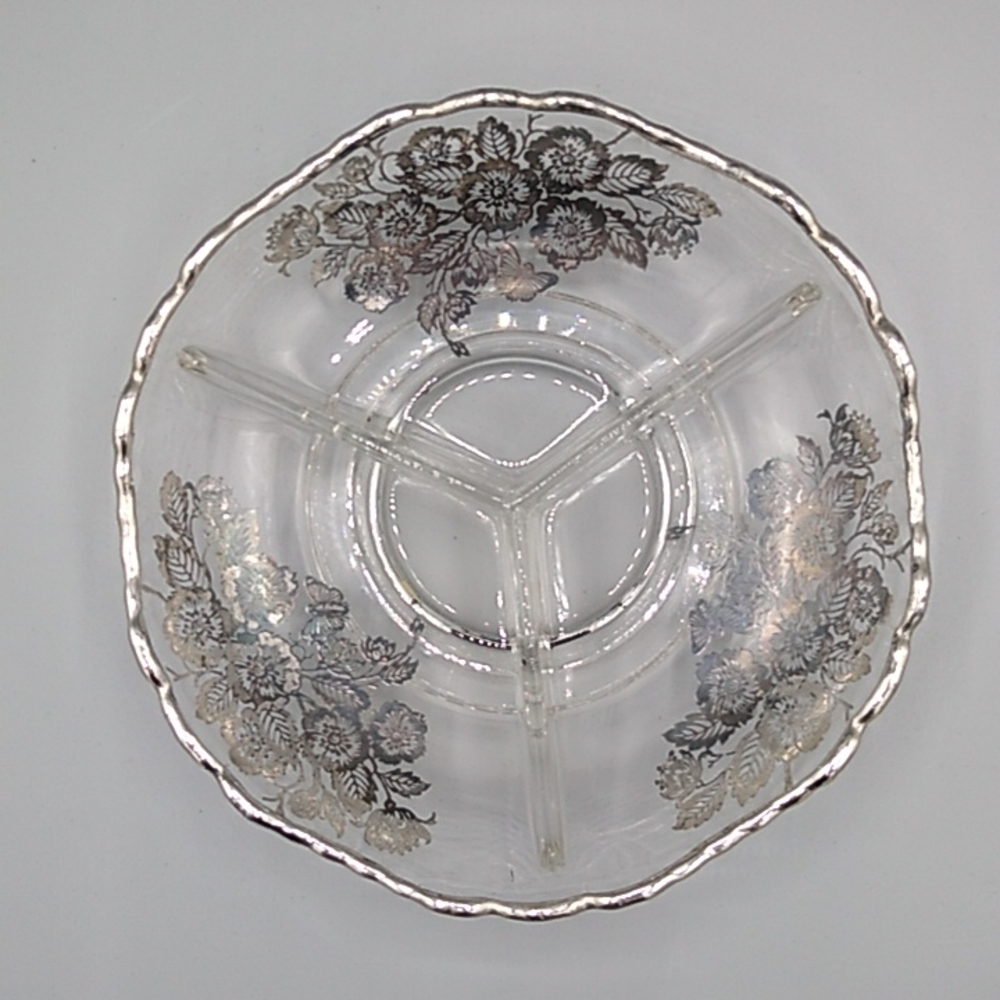 Heisey Glass 3 Section Divided Relish Condiment Dish Sterling Silver Overlay Vtg